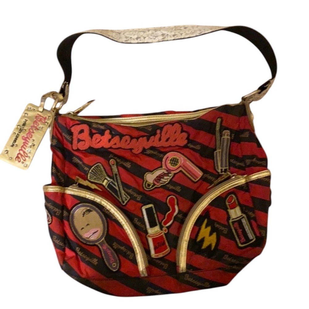 Betsey Johnson Betseyville Embroidered Makeup Patches Purse Handbag, Y2K